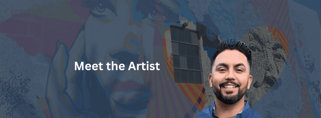 Mural of Hope Winner Announcement. Pictured is Artist Steve Camacho Nunez with some of his art.